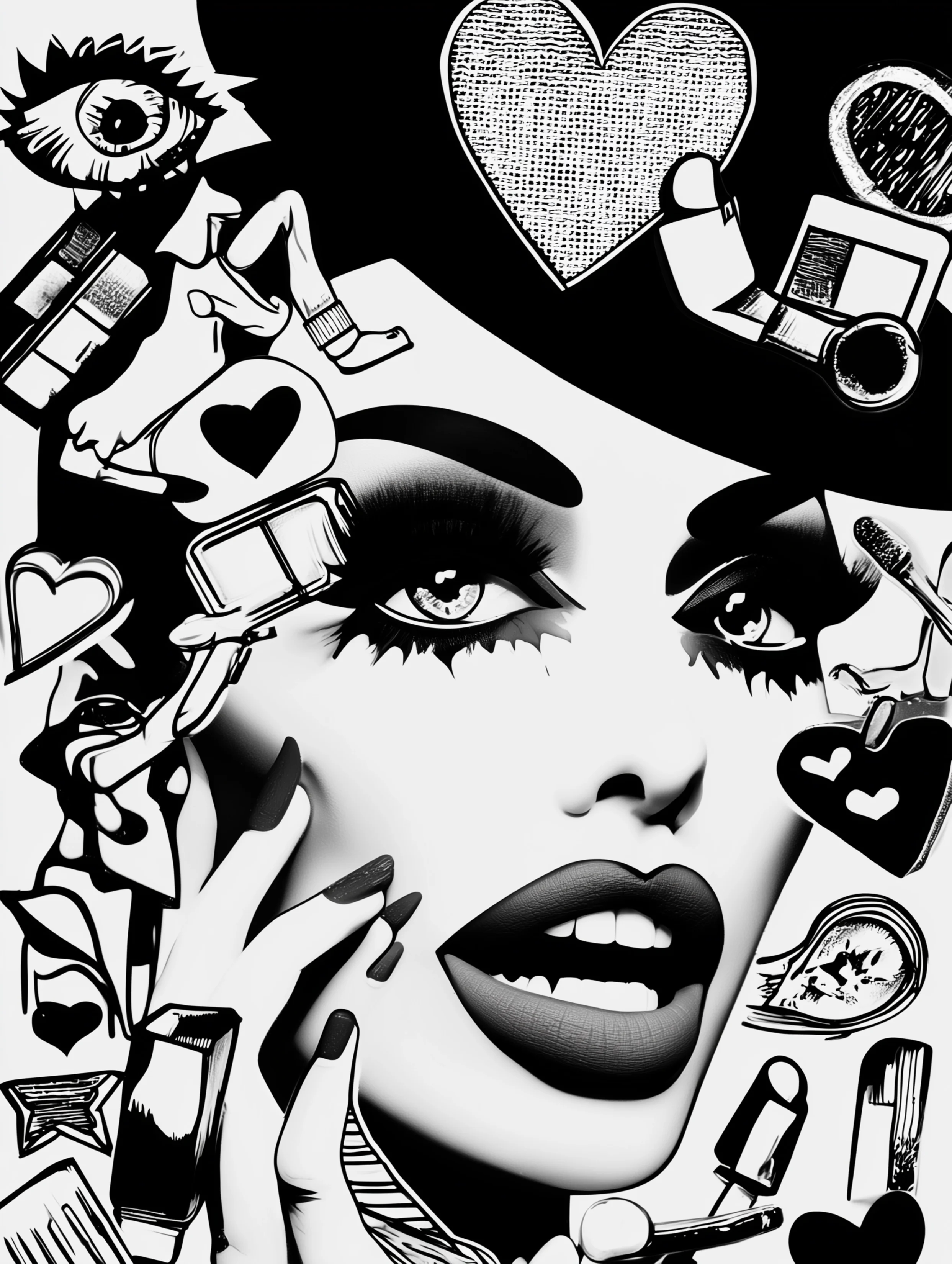 Free printable makeup coloring page for adults featuring a woman saying wow and wearing makeup